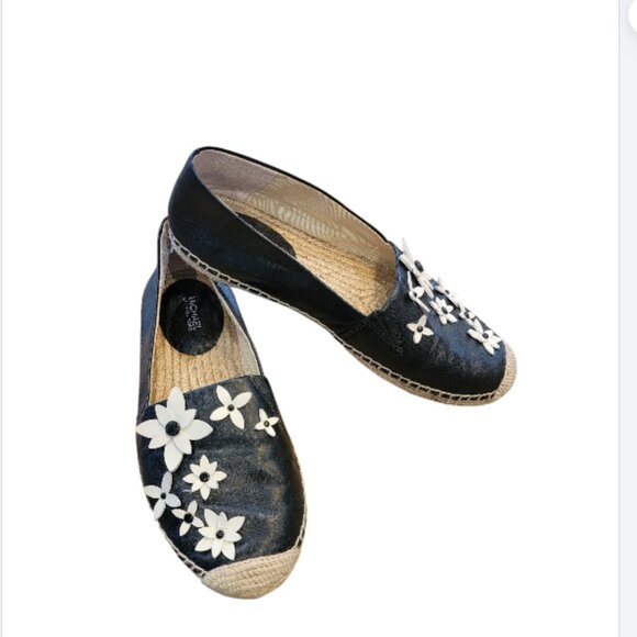 Michael Kors Lola Leather Floral Slip On Espadrille Flats, Black/White & Jute - Picture 1 of 14
